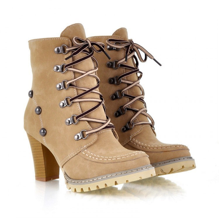 Women's Vintage Distressed Lace-Up Chunky Block Heel Ankle Boots - Western Style Round Toe Short Boots with & Outsole, Beige/Pink/, Hand Washable Rubber Sole (Brown Lace Compatible) for Jeans & Dresses