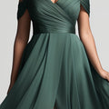 Plus Size - Plus Size - Plus Size, Plus Size Women'S Elegant Off-Shoulder/One-Shoulder Bridesmaid Maxi Dress - Dark Green Chiffon Wrap Slit with High-Low Hem, A-Line Silhouette, Chest Wrinkle Accent & Flowy Train - Wedding Pa