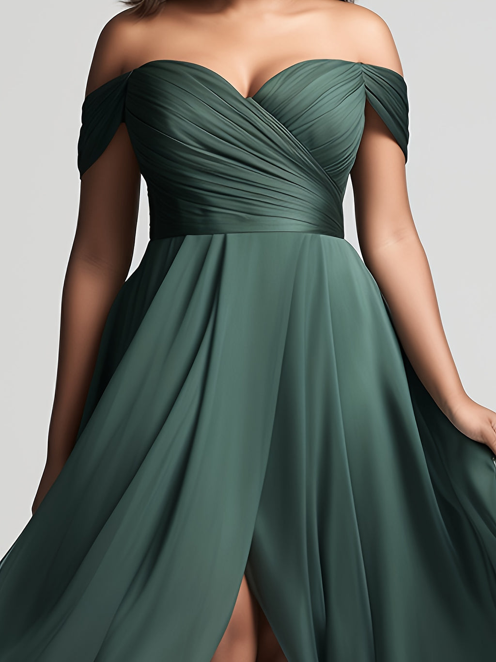 Plus Size - Plus Size - Plus Size, Plus Size Women'S Elegant Off-Shoulder/One-Shoulder Bridesmaid Maxi Dress - Dark Green Chiffon Wrap Slit with High-Low Hem, A-Line Silhouette, Chest Wrinkle Accent & Flowy Train - Wedding Pa