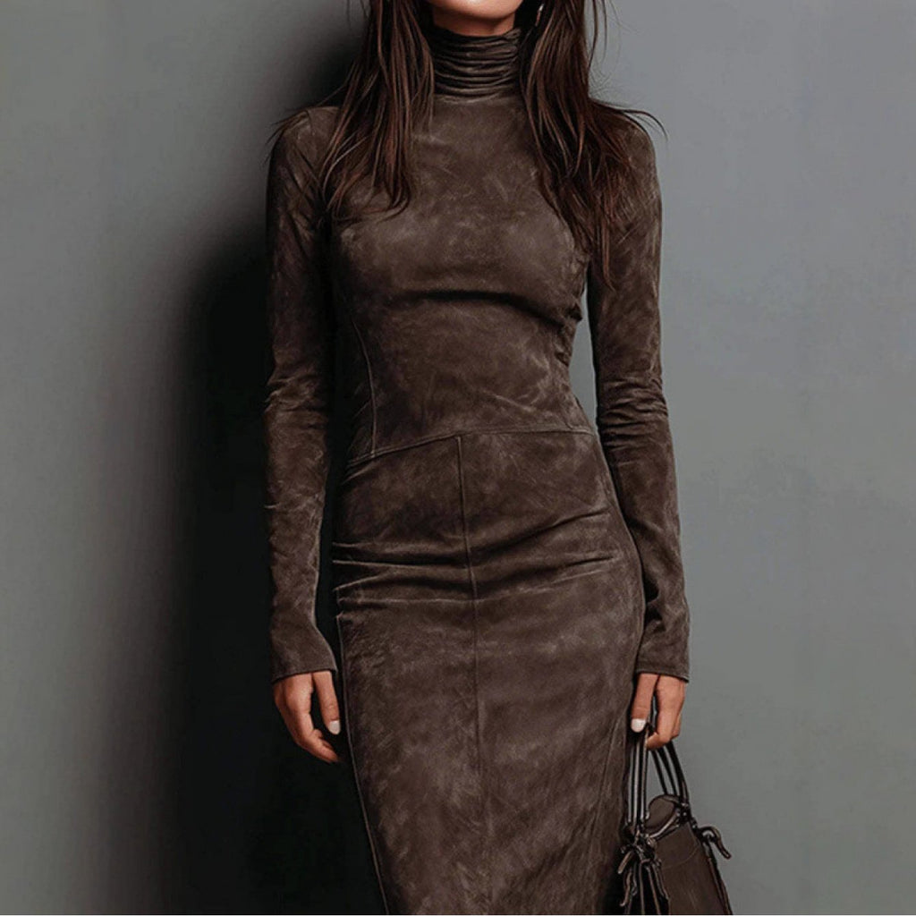 Women's Fall/Winter Sexy Elegant Retro High Neck Bodycon Dress - Long Sleeve Fitted Skirt, Solid Color Base Dress for Dresses, Machine Washable Winter Wardrobe Essential (No Undergarment Visibility)