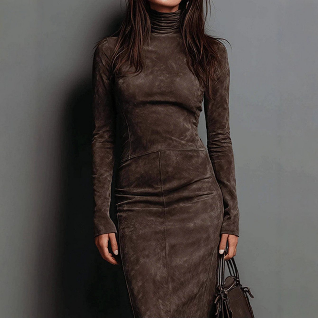 Women's Fall/Winter Sexy Elegant Retro High Neck Bodycon Dress - Long Sleeve Fitted Skirt, Solid Color Base Dress for Dresses, Machine Washable Winter Wardrobe Essential (No Undergarment Visibility)