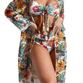 New Tropical Bloom 3-Piece Swimsuit Set – High Waist Floral Fluttering Bikini with Crew Neck Top Spaghetti Straps and Matching Long Sleeve Cover-Up – Stylish Stretchy Women’s Swimwear for Beach & Summer Escapes