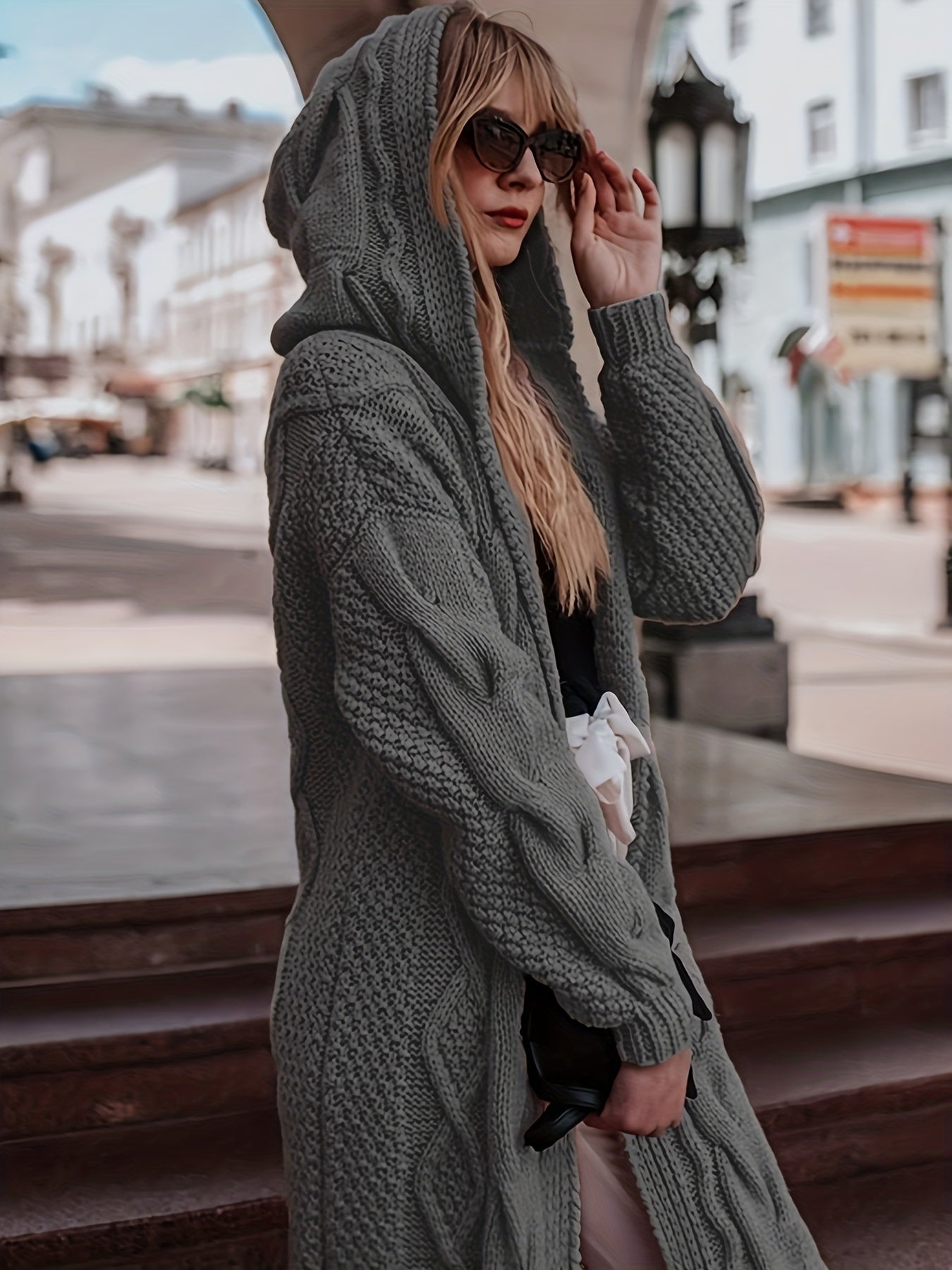 Women's Light Pink Soft Ribbed Cardigan Sweater - Hooded V-Neck Long Sleeve Open Front with White Piping Trim, Cozy Fall Winter Layering Jacket for Blouses/Dresses, Casual Indoor/Outdoor Wear, Hand Washable Sweater