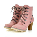 Women's Vintage Distressed Lace-Up Chunky Block Heel Ankle Boots - Western Style Round Toe Short Boots with & Outsole, Beige/Pink/, Hand Washable Rubber Sole (Brown Lace Compatible) for Jeans & Dresses