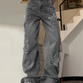 Vintage-Inspired Blue Star Wide-Leg Jeans - All-Season Comfort, Embroidered Geometric Design, Easy-Care Women's Denim Pants