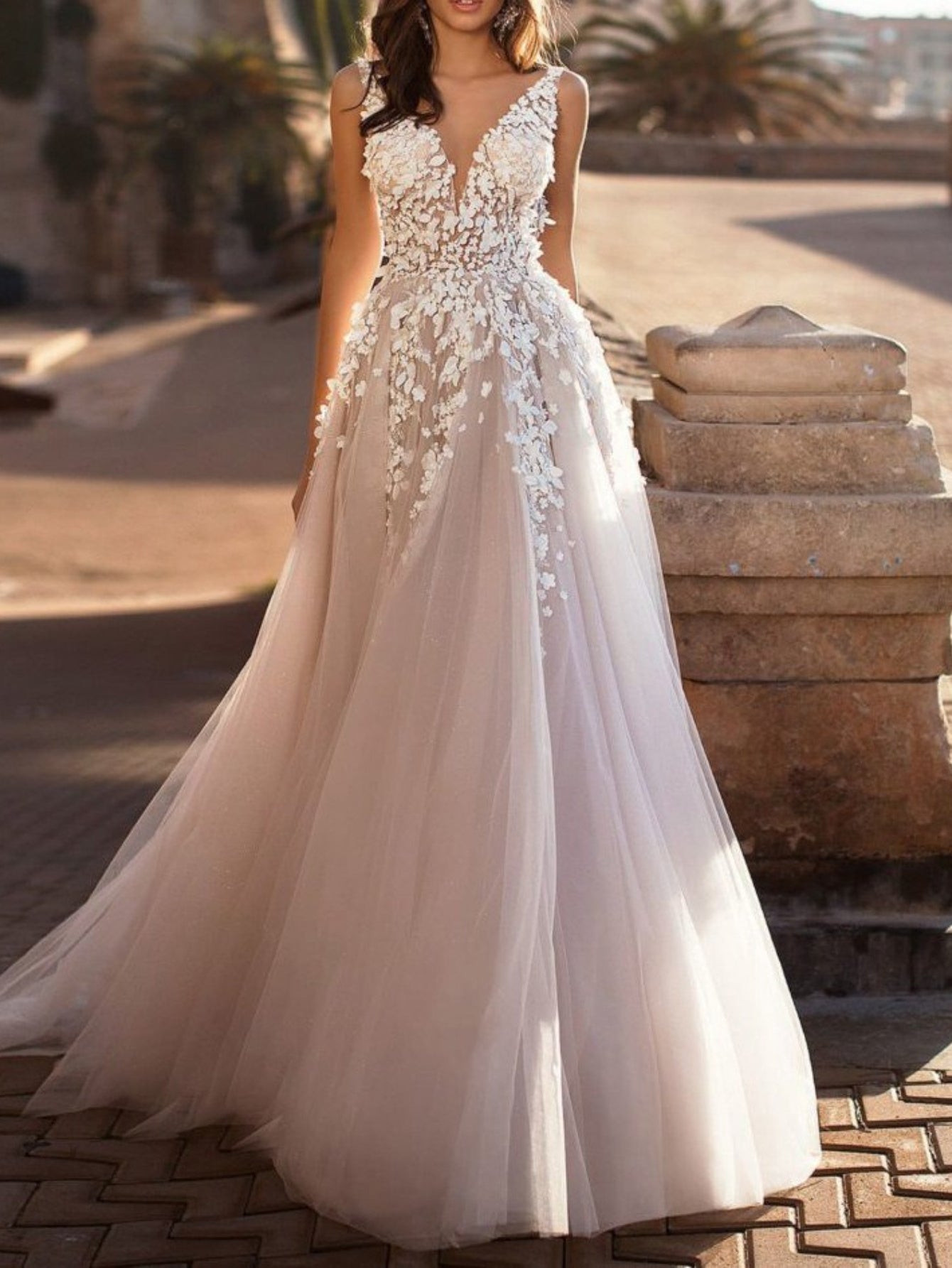 New Lace Wedding Dress - Sleeveless Deep V-Neck A-Line Train Mermaid/ Floor-Length Evening Gown with Asymmetrical Hem & Lace Paneling, Machine Washable - Elegant White/ Floor-Length Formal Evening Dres