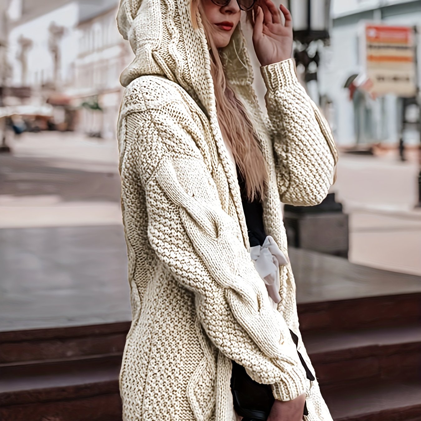 Women's Light Pink Soft Ribbed Cardigan Sweater - Hooded V-Neck Long Sleeve Open Front with White Piping Trim, Cozy Fall Winter Layering Jacket for Blouses/Dresses, Casual Indoor/Outdoor Wear, Hand Washable Sweater