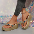 The Wedge-Heeled Flip-Flops with Rhinestones Are Eye-Catching And Glamorous.