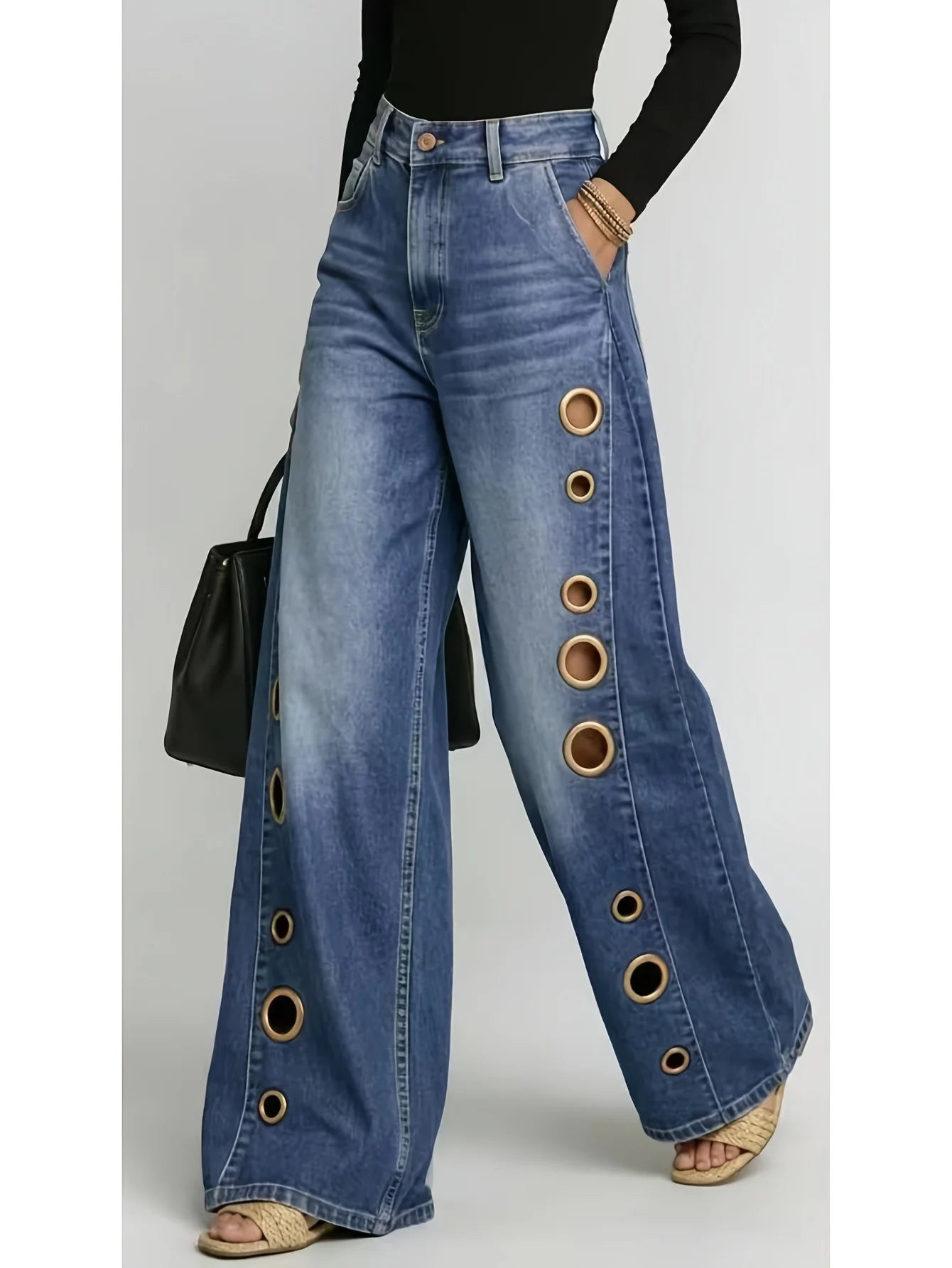 Retro-style wide-leg jeans with metallic eyelets, high-waisted, loose, floor-length fit