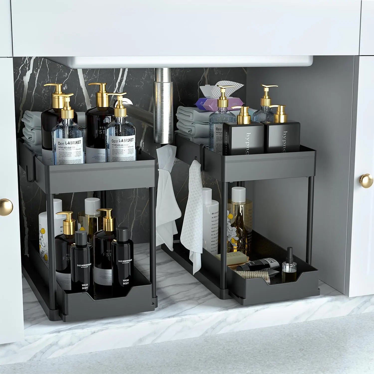 2 Pack Under Sink Organizer, 2 Tier Bathroom Cabinet Organizer with Sliding Basket, Multi-Purpose Under Sink Organizers and Stor