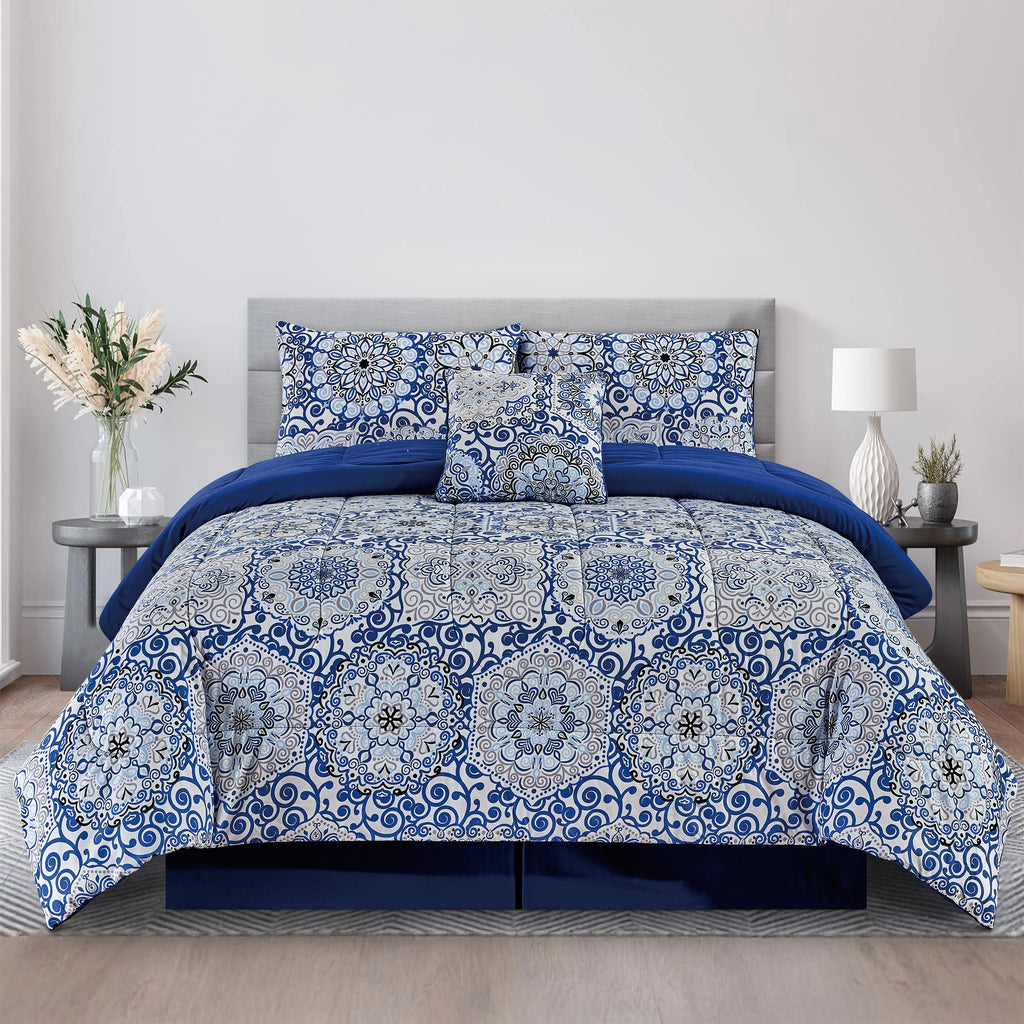 LUX Décor Reversible 5pc Comforter Set, Printed Bedding Set, Microfiber Bed in a Bag, Includes 1 Comforter, 2 Pillow Shams