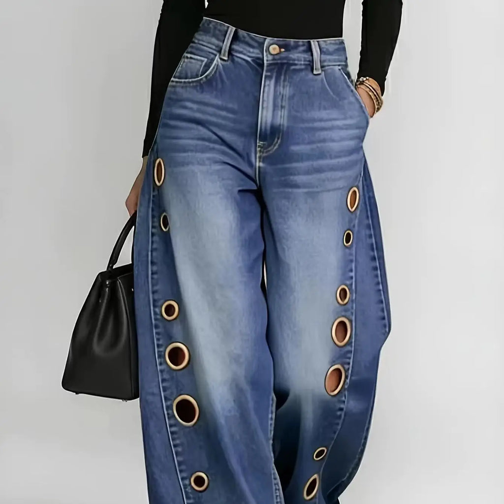 Retro-style wide-leg jeans with metallic eyelets, high-waisted, loose, floor-length fit