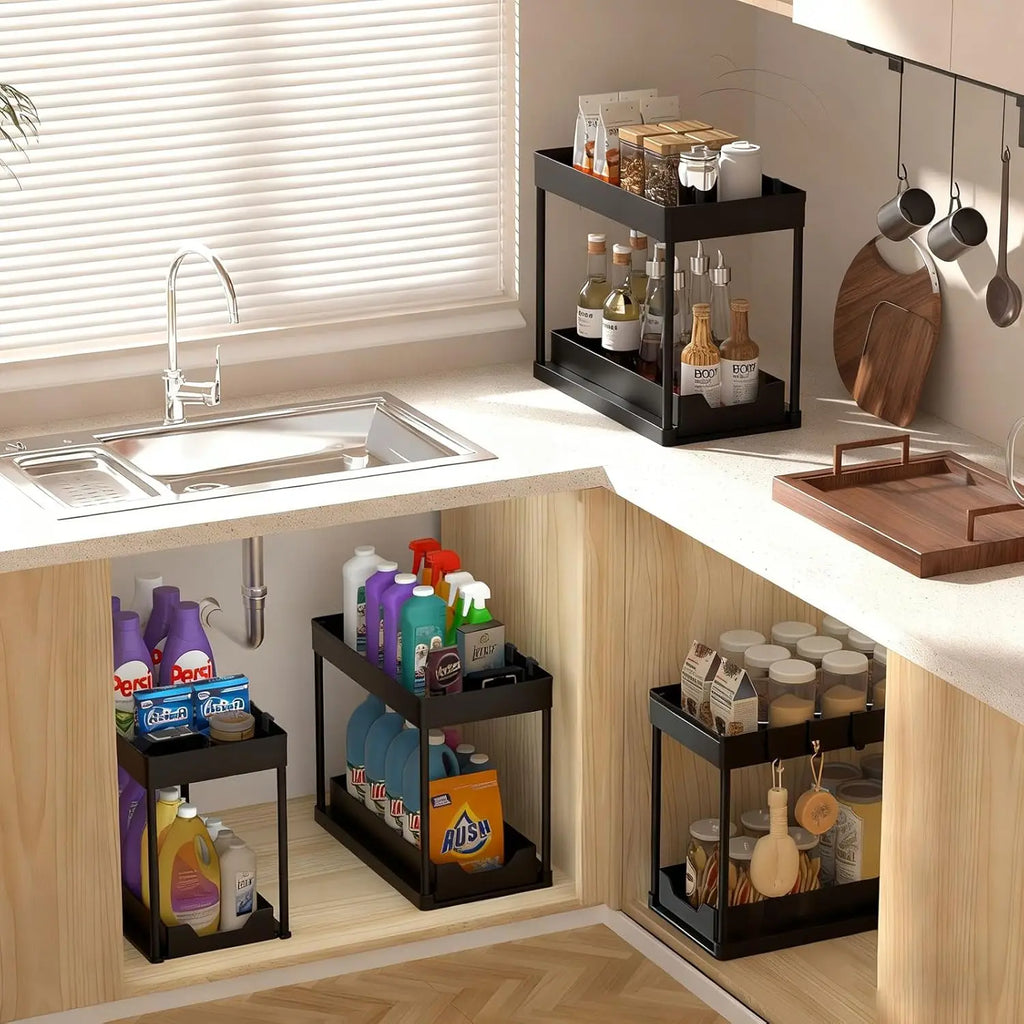 2 Pack Under Sink Organizer, 2 Tier Bathroom Cabinet Organizer with Sliding Basket, Multi-Purpose Under Sink Organizers and Stor