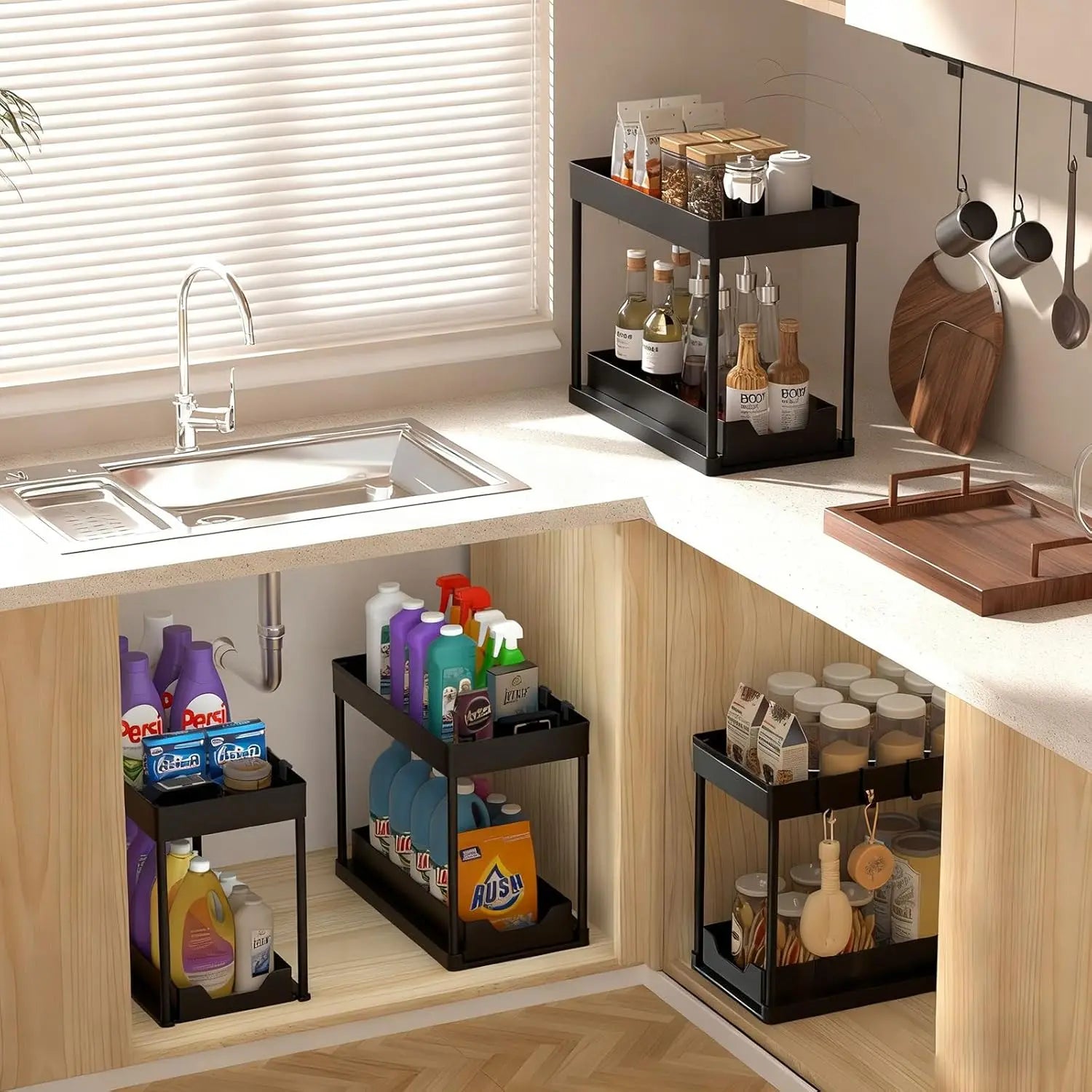 2 Pack Under Sink Organizer, 2 Tier Bathroom Cabinet Organizer with Sliding Basket, Multi-Purpose Under Sink Organizers and Stor