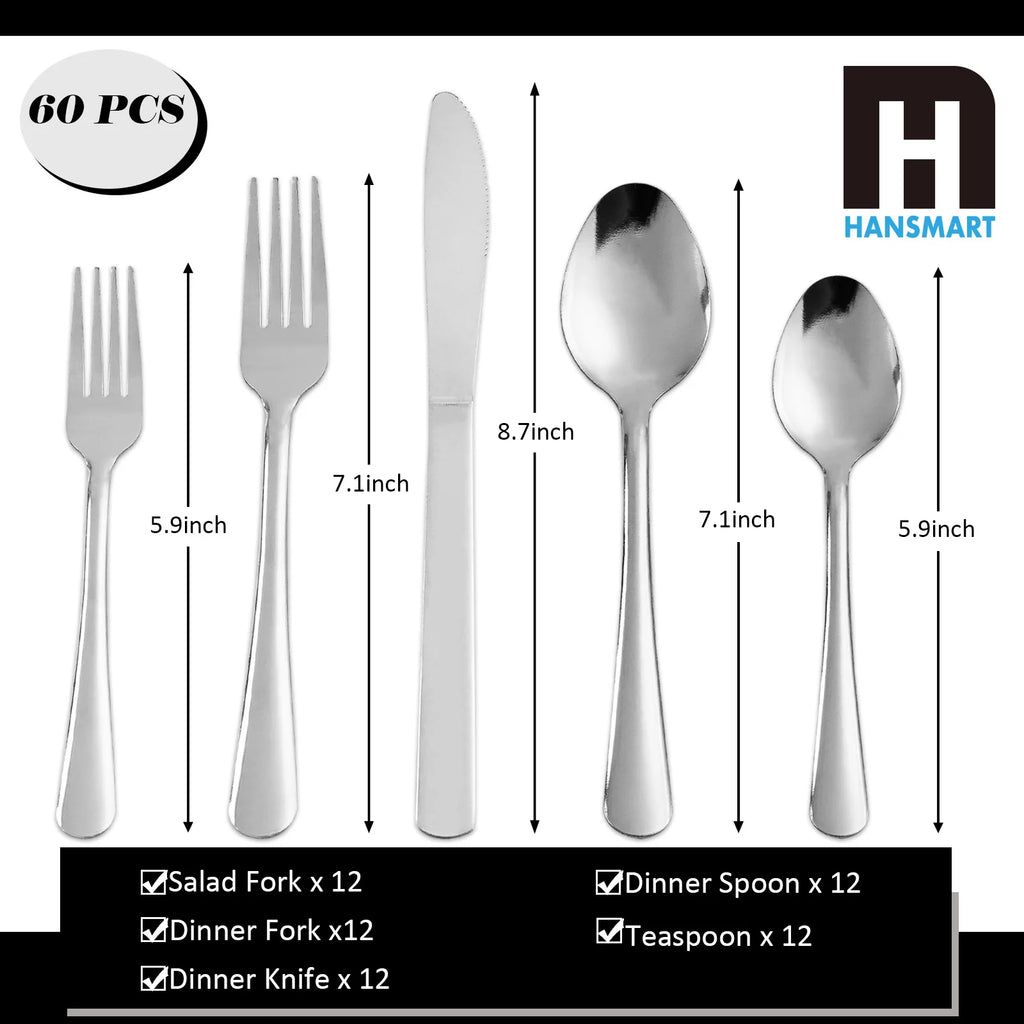60Pcs Stainless Steel Flatware Set For 12 With Dinner Forks Salad Forks Spoons and Knives Dishwasher Safe