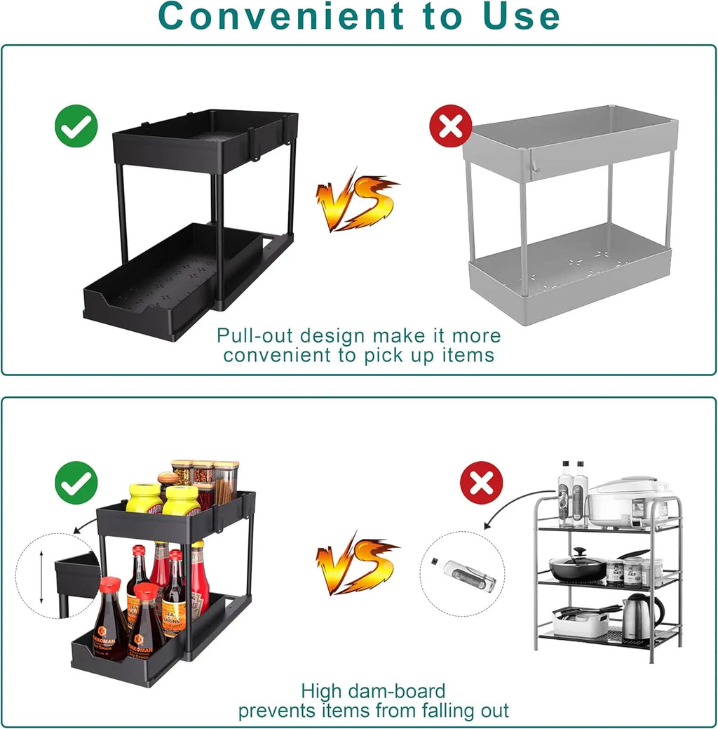 2 Pack Under Sink Organizer, 2 Tier Bathroom Cabinet Organizer with Sliding Basket, Multi-Purpose Under Sink Organizers and Stor