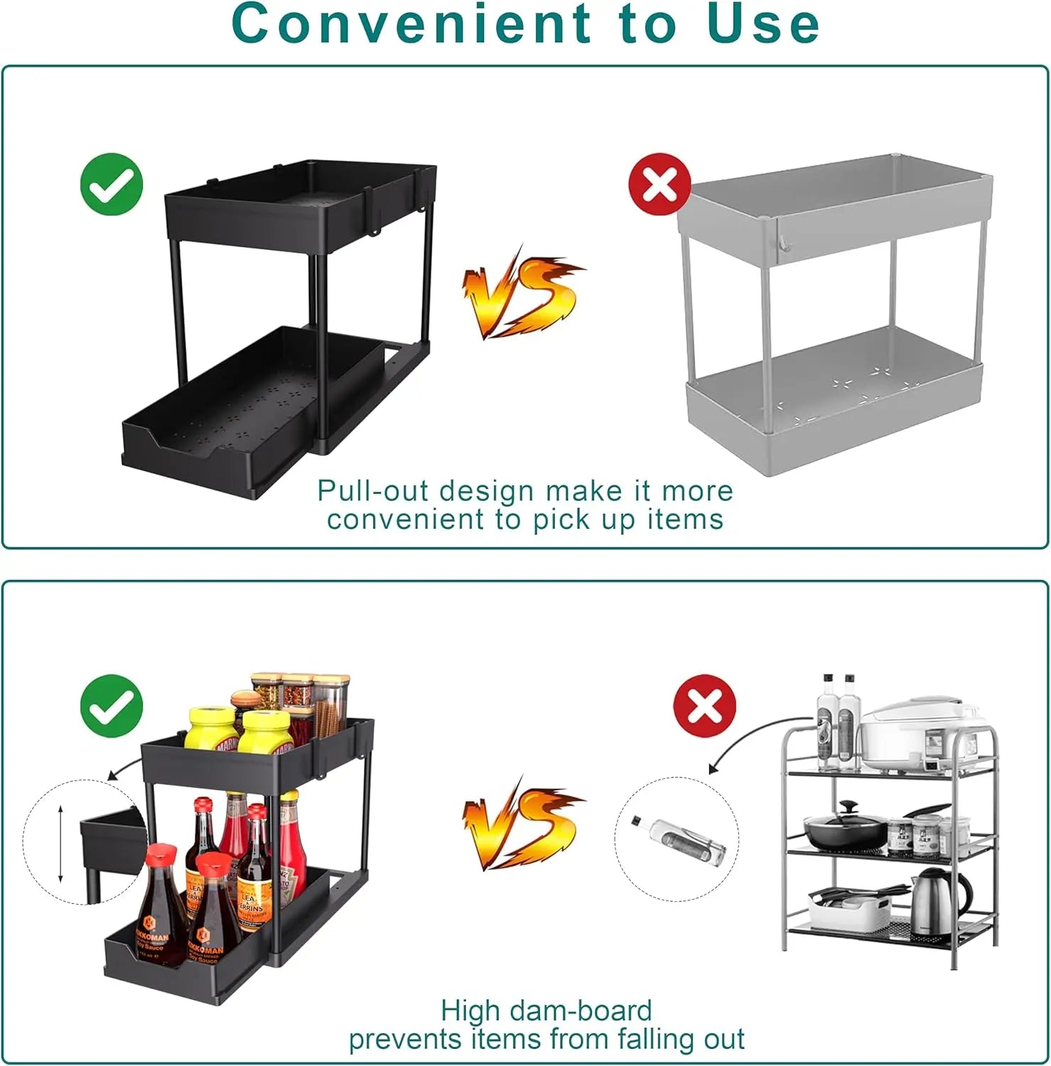 2 Pack Under Sink Organizer, 2 Tier Bathroom Cabinet Organizer with Sliding Basket, Multi-Purpose Under Sink Organizers and Stor