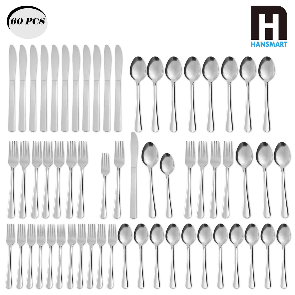60Pcs Stainless Steel Flatware Set For 12 With Dinner Forks Salad Forks Spoons and Knives Dishwasher Safe