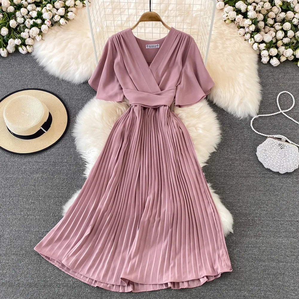 Women Puff Sleeve Dress Solid Color Bow Casual Fashion Summer High Waist Dress V-neck Midi A-line Dresses Ladies
