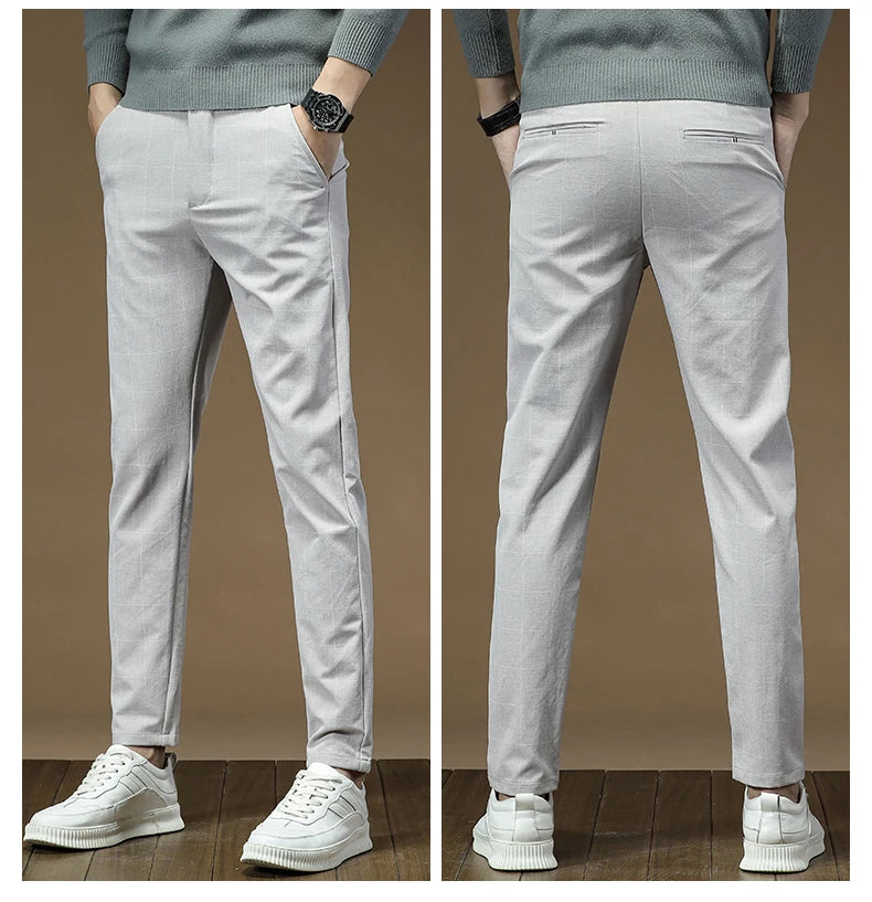Men's Dress Pants Fashion Plaid Stripe Business Slim Fit Office Classic Retro Suit Pant Korean British Style Wedding Trousers