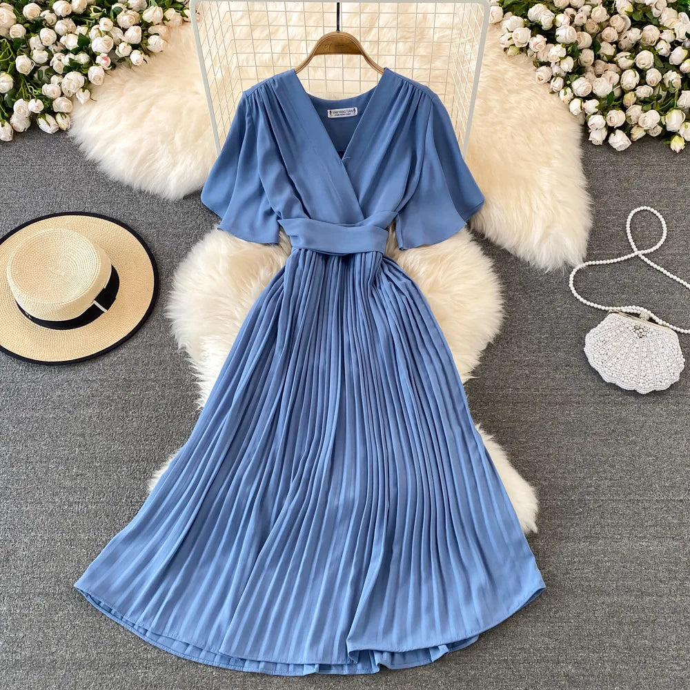 Women Puff Sleeve Dress Solid Color Bow Casual Fashion Summer High Waist Dress V-neck Midi A-line Dresses Ladies