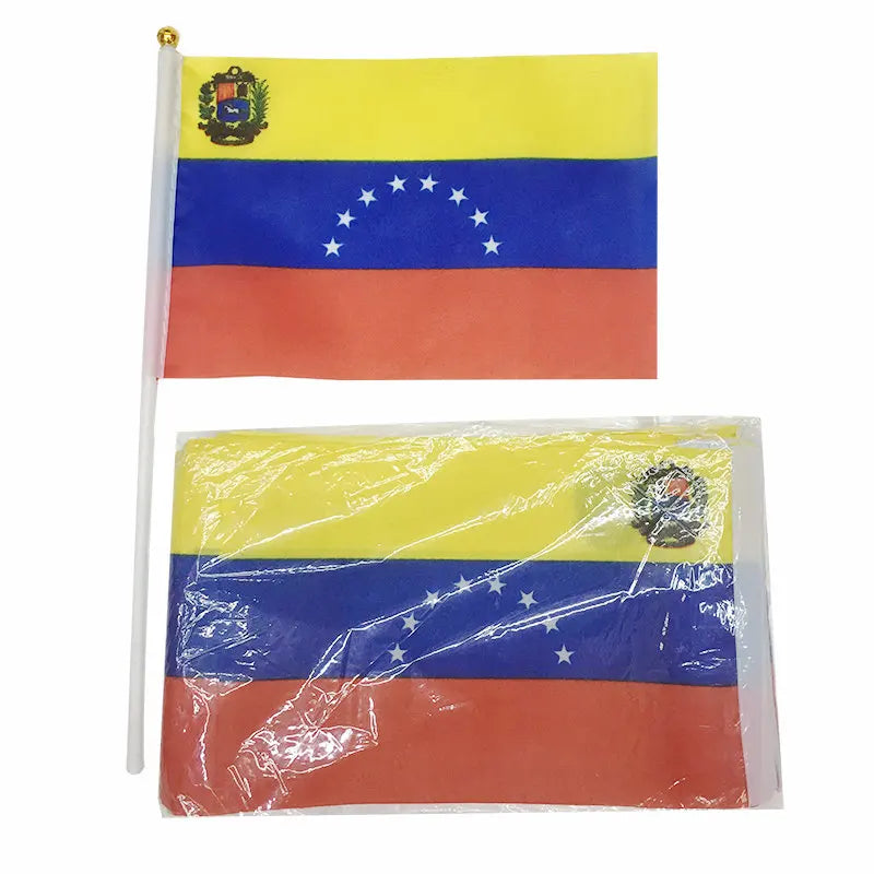 Venezuela Hand Flag 14*21cm 10/20/50/100pcs polyester Venezuela Small Hand waving Flag with plastic flagpole for decoration