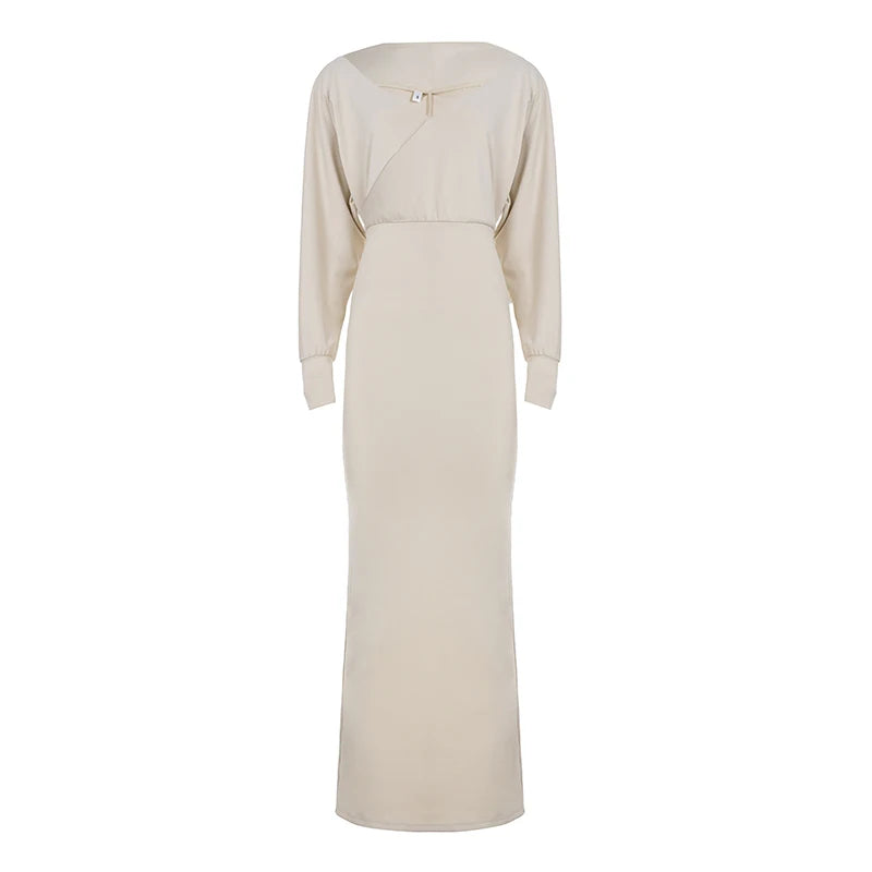 Women's Solid Color V-Neck Mermaid Evening Dress, Long Sleeve High Slit Maxi Gown for Fall Winter Party