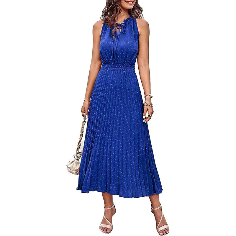 RNSHANGER Women's Casual Midi Summer Dress Cowl Neck  With Swiss Dot Ruffle Sleeve A-Line Beach Sun Dress for Women