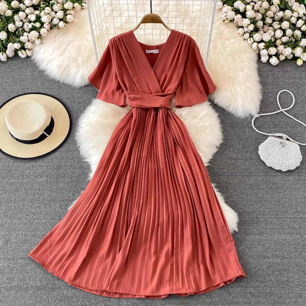 Women Puff Sleeve Dress Solid Color Bow Casual Fashion Summer High Waist Dress V-neck Midi A-line Dresses Ladies