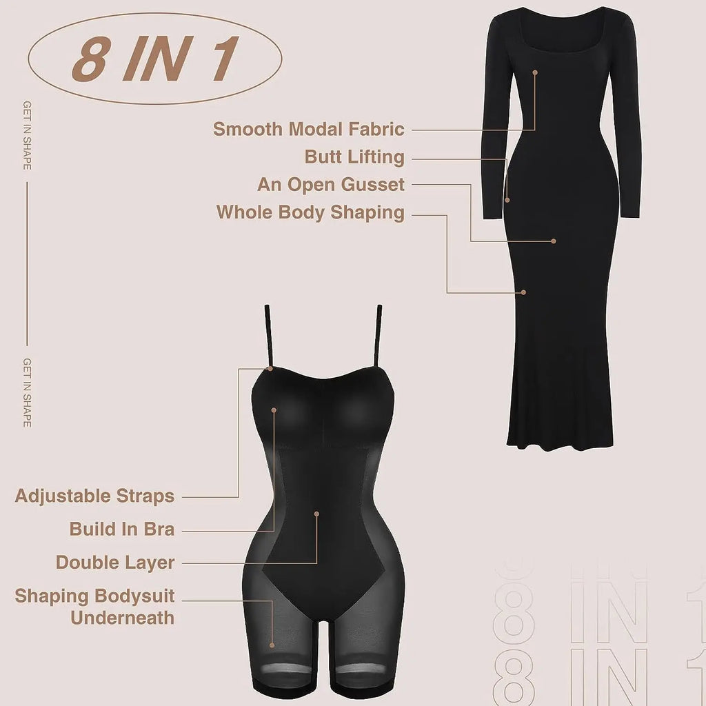 Women Long Sleeve Body Control Shapewear 2 in 1 Shapewear Clothing Dress Built in Seamless Shapewear