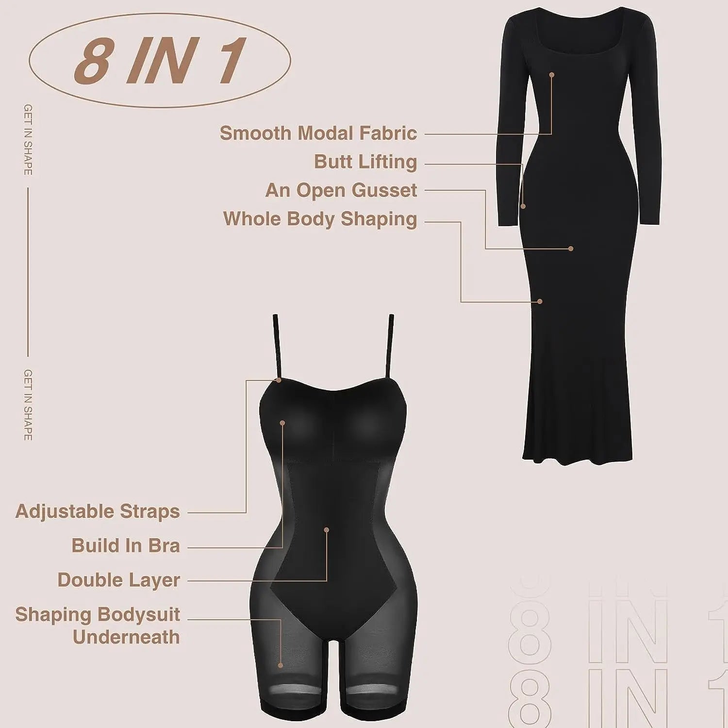Women Long Sleeve Body Control Shapewear 2 in 1 Shapewear Clothing Dress Built in Seamless Shapewear