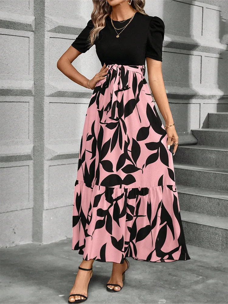 European and American Women's Flower Printed Dresses High Waist Fashion Elegant Temperament Short Sleeve Dress