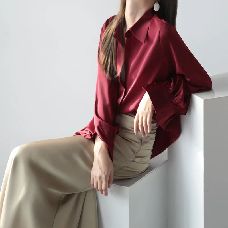 Women's Summer Collection New Arrivals Long Sleeve Casual Dresses Breathable Button Satin Fashionable Shirts