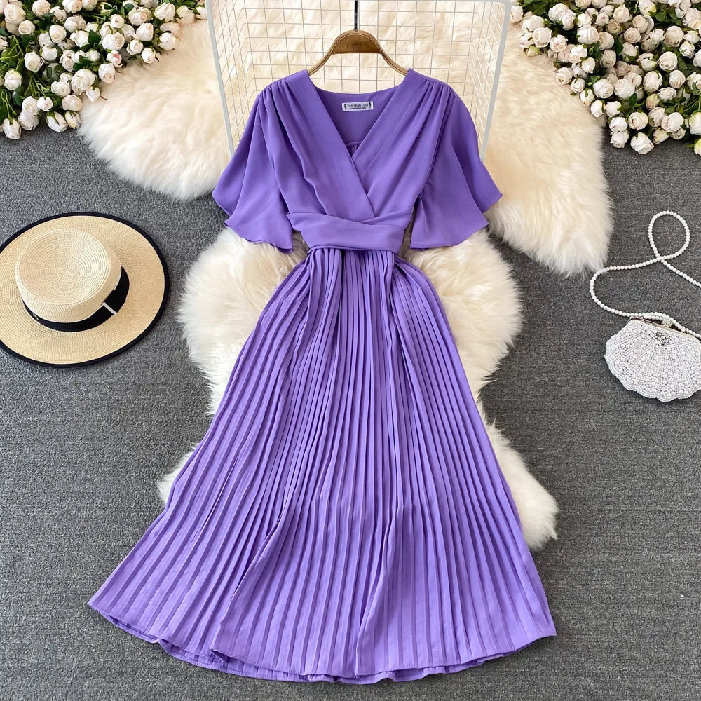 Women Puff Sleeve Dress Solid Color Bow Casual Fashion Summer High Waist Dress V-neck Midi A-line Dresses Ladies