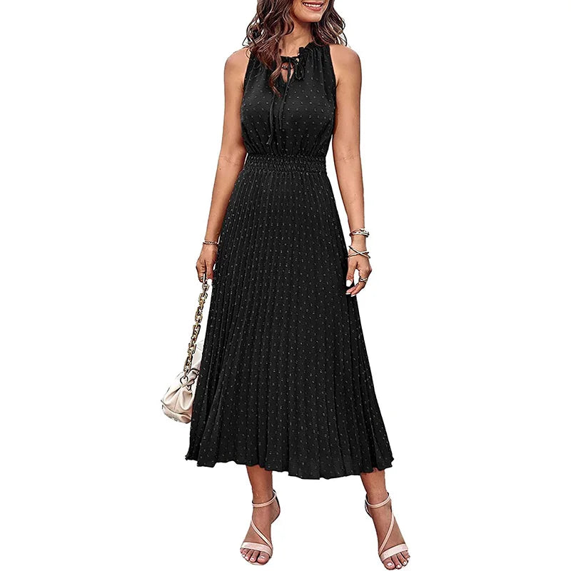 RNSHANGER Women's Casual Midi Summer Dress Cowl Neck  With Swiss Dot Ruffle Sleeve A-Line Beach Sun Dress for Women