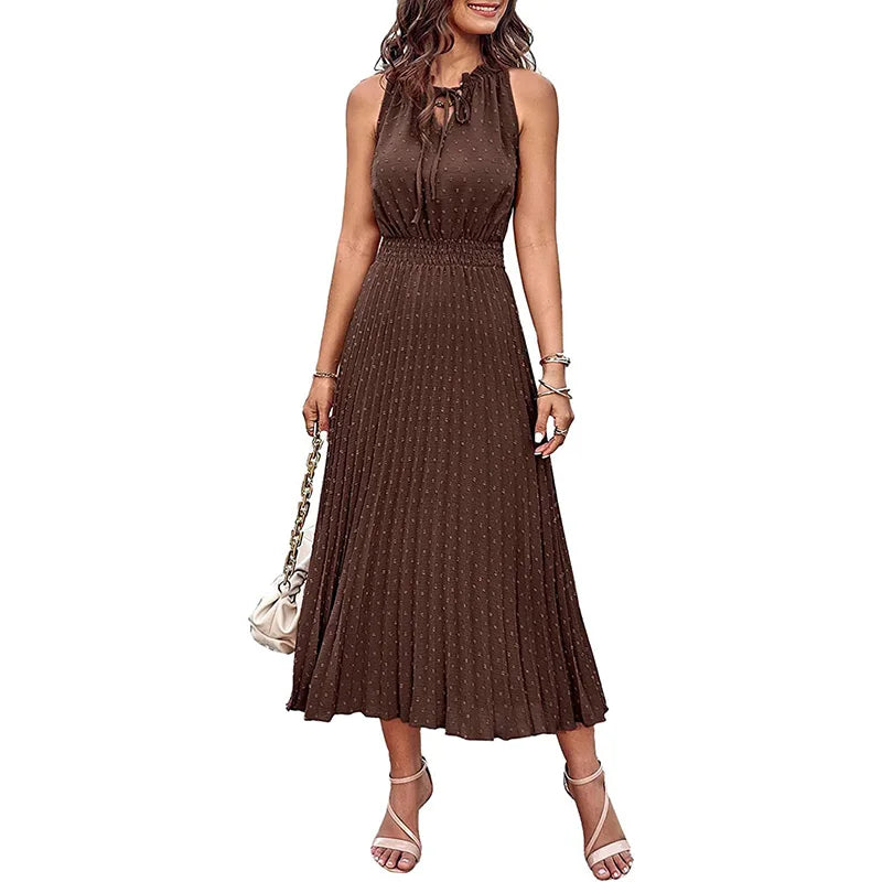 RNSHANGER Women's Casual Midi Summer Dress Cowl Neck  With Swiss Dot Ruffle Sleeve A-Line Beach Sun Dress for Women