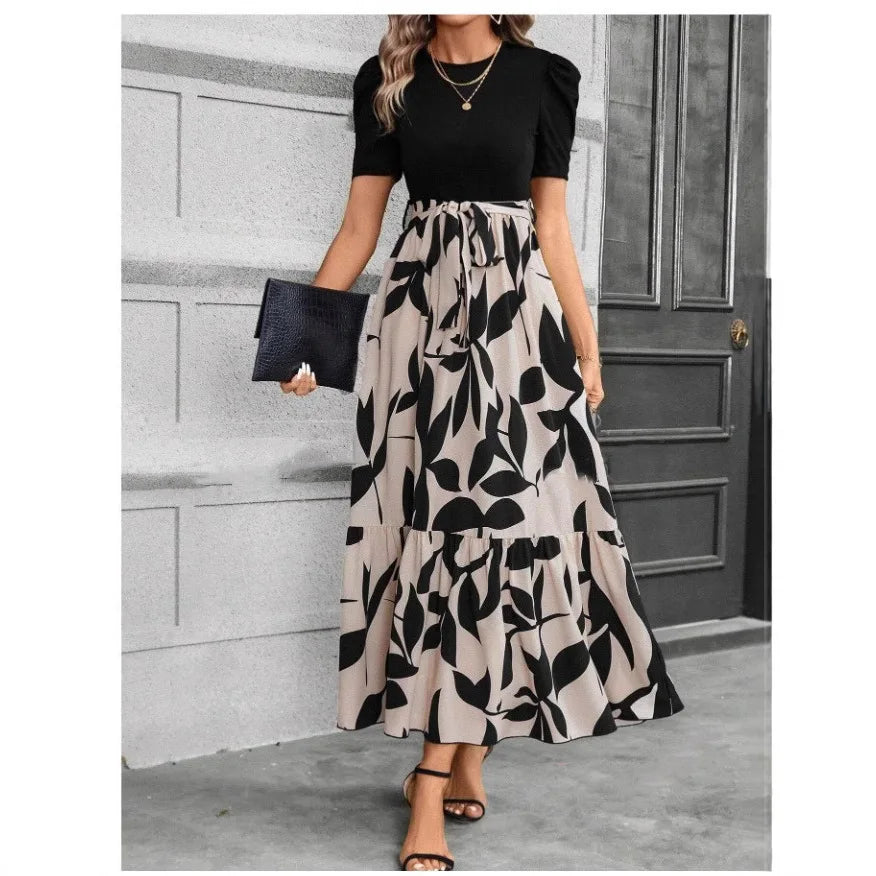 European and American Women's Flower Printed Dresses High Waist Fashion Elegant Temperament Short Sleeve Dress
