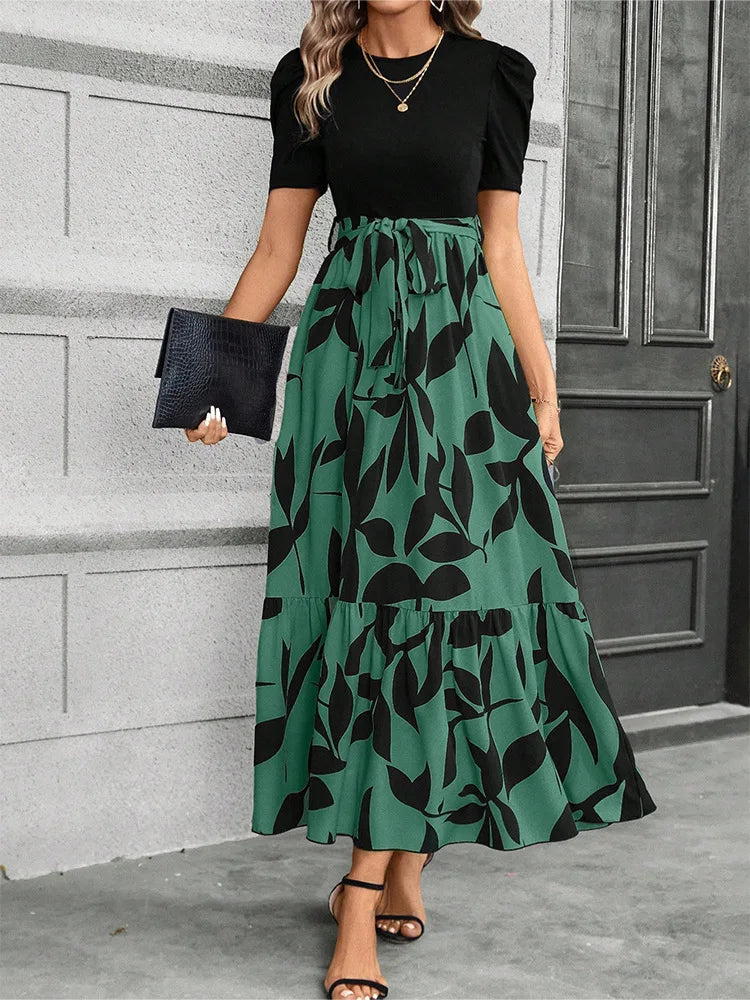 European and American Women's Flower Printed Dresses High Waist Fashion Elegant Temperament Short Sleeve Dress