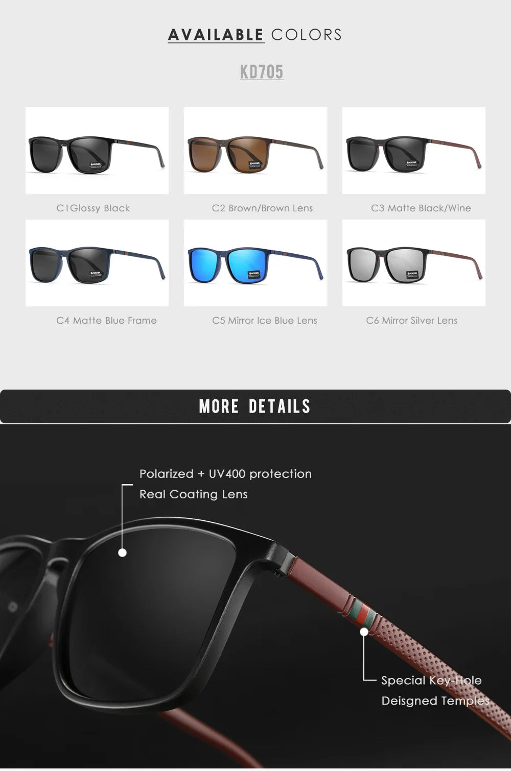 KDEAM Square Sunglasses for Men Polarized Retro Classic Stylish Shades Ultra Light Weight Driving Glasses With Free Zip Case
