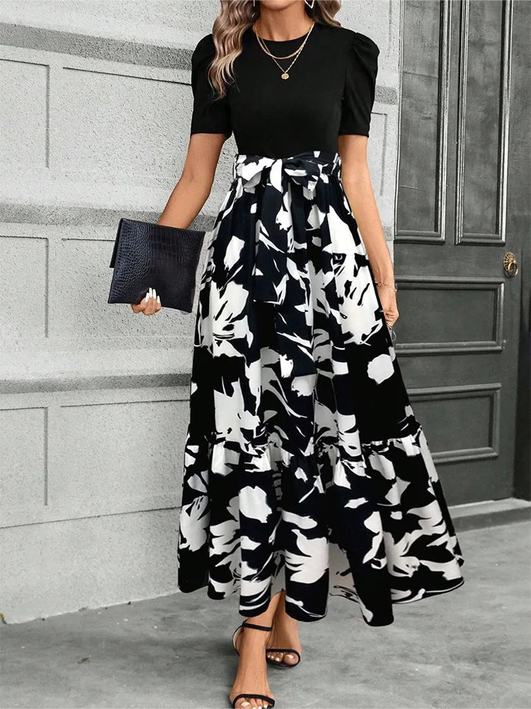 European and American Women's Flower Printed Dresses High Waist Fashion Elegant Temperament Short Sleeve Dress