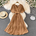 Women Puff Sleeve Dress Solid Color Bow Casual Fashion Summer High Waist Dress V-neck Midi A-line Dresses Ladies