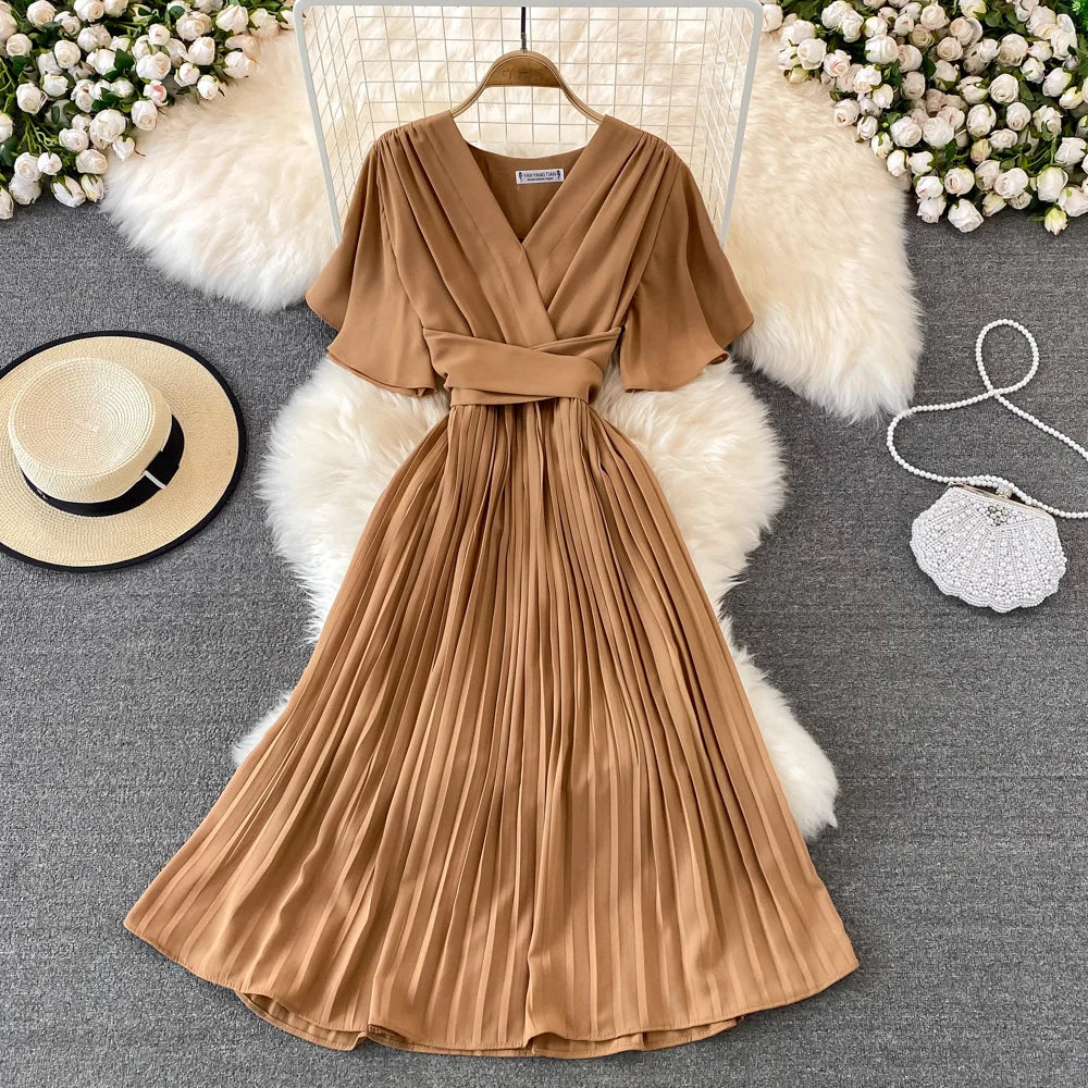 Women Puff Sleeve Dress Solid Color Bow Casual Fashion Summer High Waist Dress V-neck Midi A-line Dresses Ladies