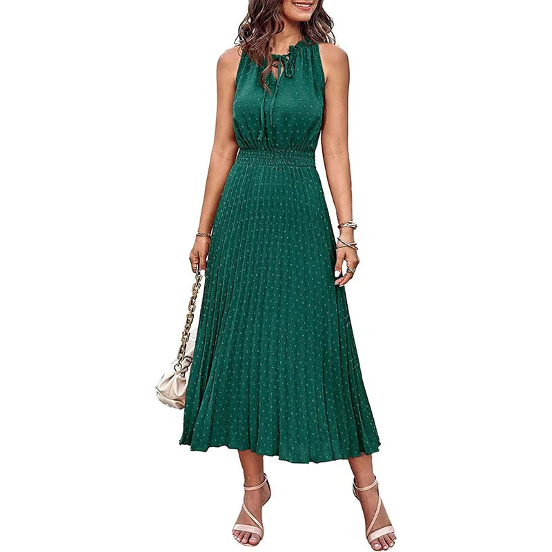 RNSHANGER Women's Casual Midi Summer Dress Cowl Neck  With Swiss Dot Ruffle Sleeve A-Line Beach Sun Dress for Women