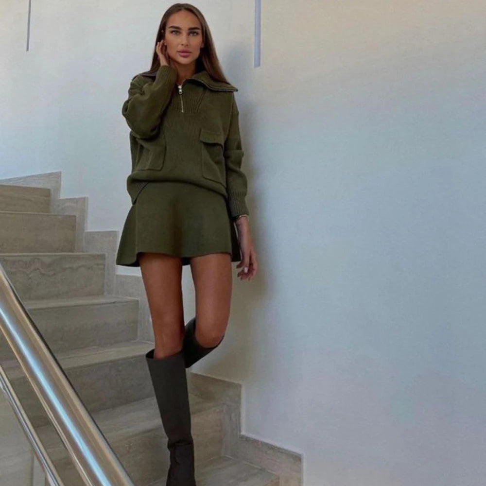 Knitted Skirt Suits For Women Two Piece Set Women Skirt Zipper Solid Color Tops High-Waisted Mini Skirt 2021 Women Knitted Suit