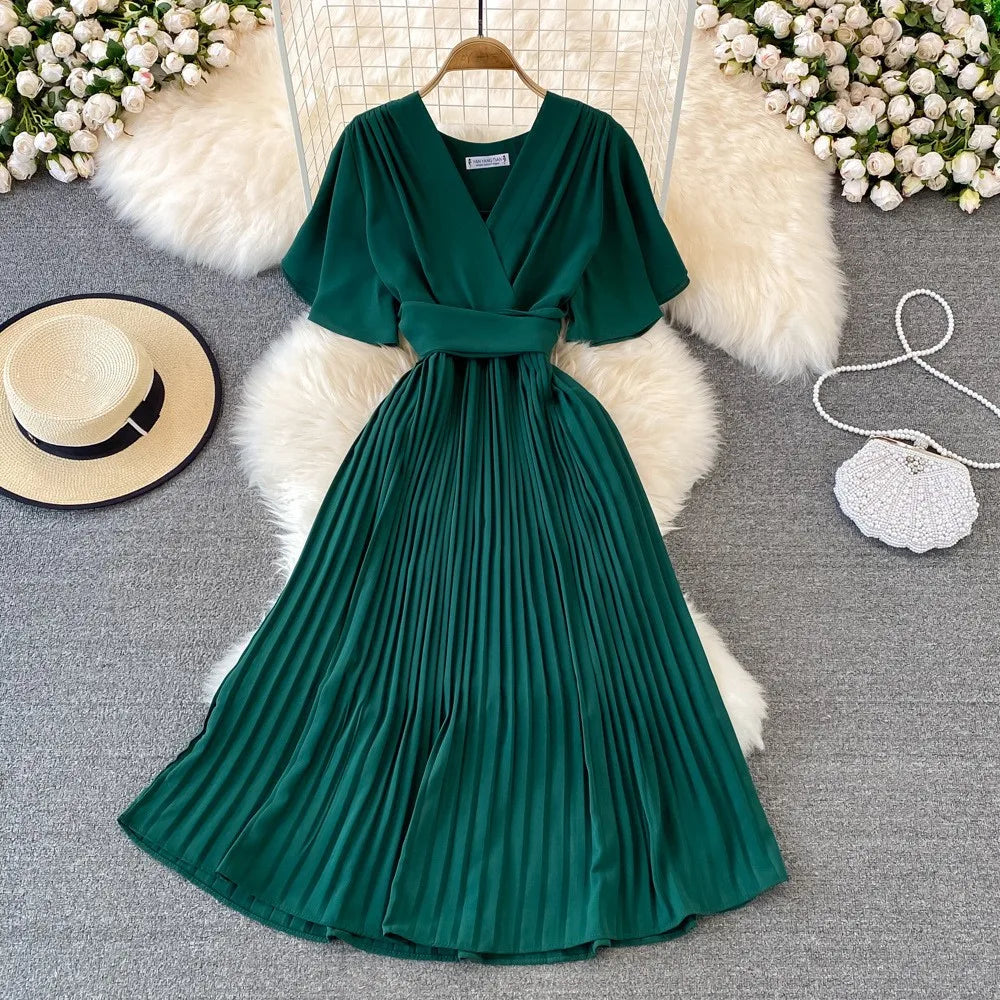 Women Puff Sleeve Dress Solid Color Bow Casual Fashion Summer High Waist Dress V-neck Midi A-line Dresses Ladies