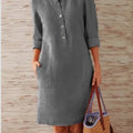 Liu Ming Wholesale Spring Elegant Women Round Neck Long Sleeve Cotton Linen Casual Midi Dress