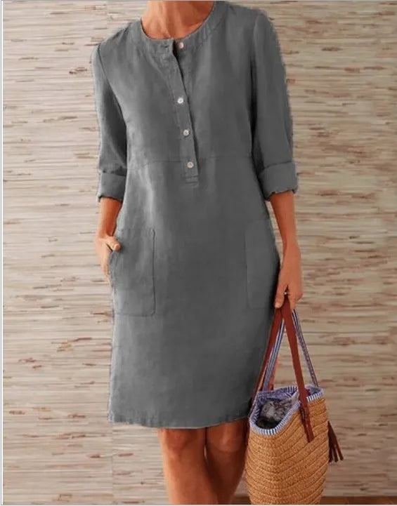 Liu Ming Wholesale Spring Elegant Women Round Neck Long Sleeve Cotton Linen Casual Midi Dress