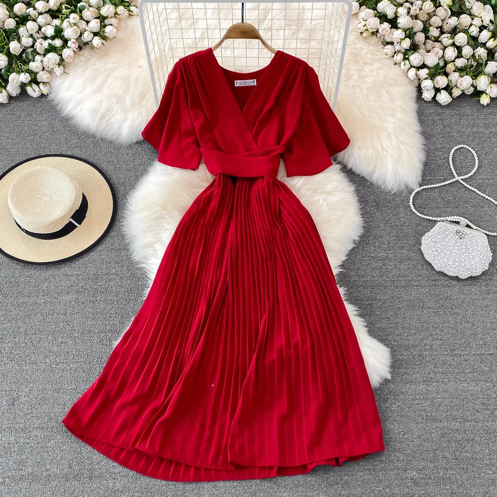 Women Puff Sleeve Dress Solid Color Bow Casual Fashion Summer High Waist Dress V-neck Midi A-line Dresses Ladies