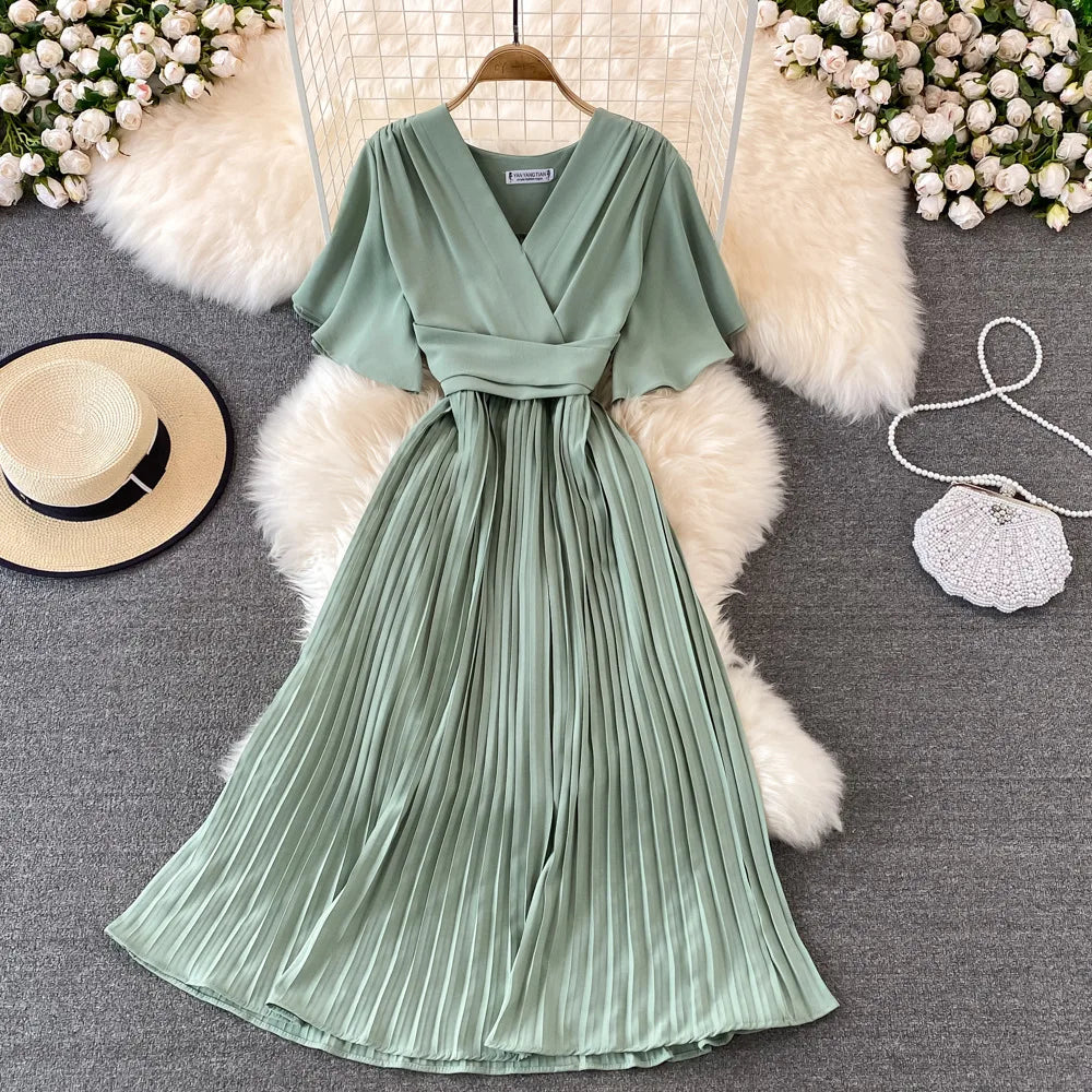 Women Puff Sleeve Dress Solid Color Bow Casual Fashion Summer High Waist Dress V-neck Midi A-line Dresses Ladies