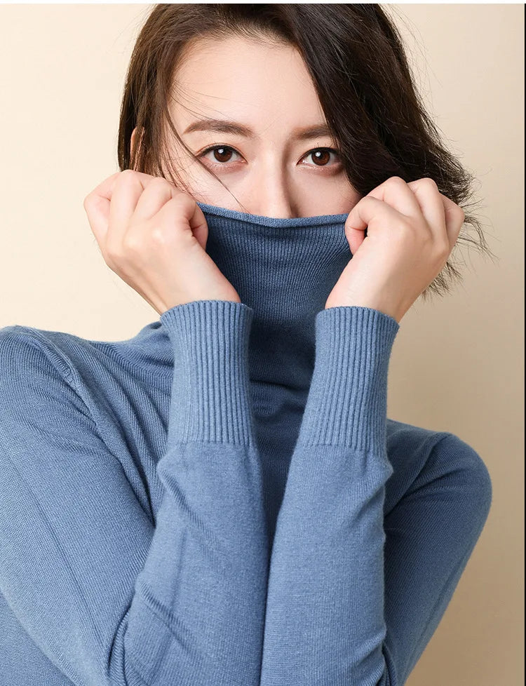 Turtleneck Women Sweater Warm Winter Solid Korean Stretch Slim Lady Jumpers Cashmere Black Sweater Pullover Femme Basic Knitwear